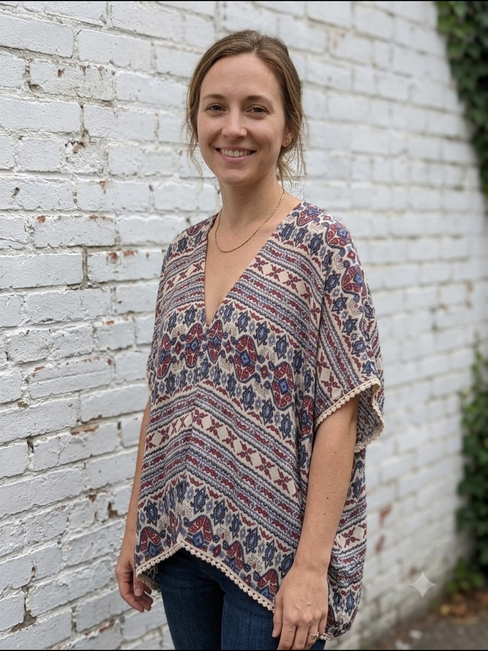 Tru Self Women's Boho V-Neck Top Kimono Poncho Top Indie Folk